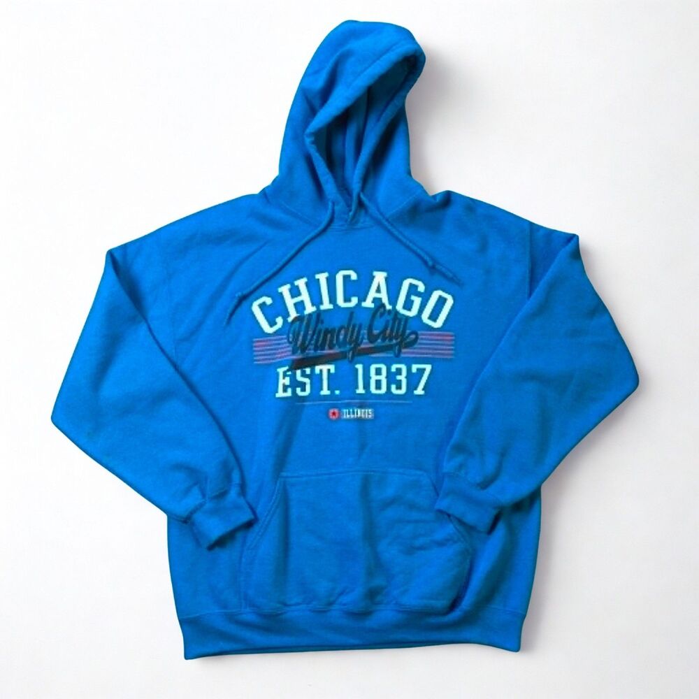 Gildan Hoodie Sweatshirt Mens Large Chicago Windy City Blue Pullover Graphic
